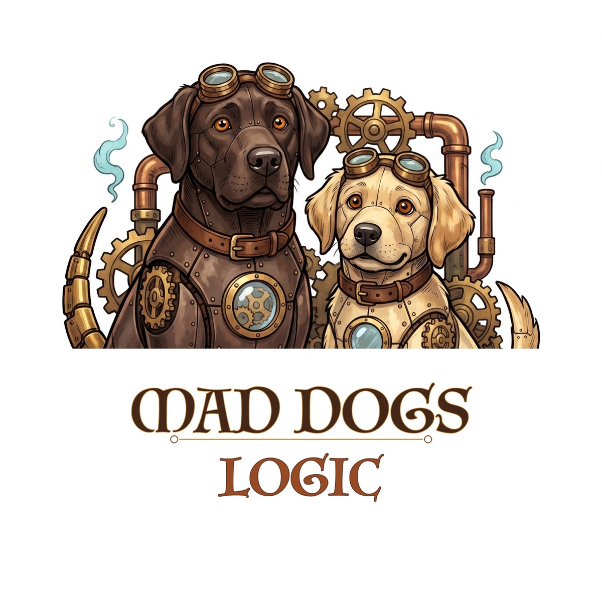 Mad Dogs Logic™ key art: two steampunk labradors with goggles and gears