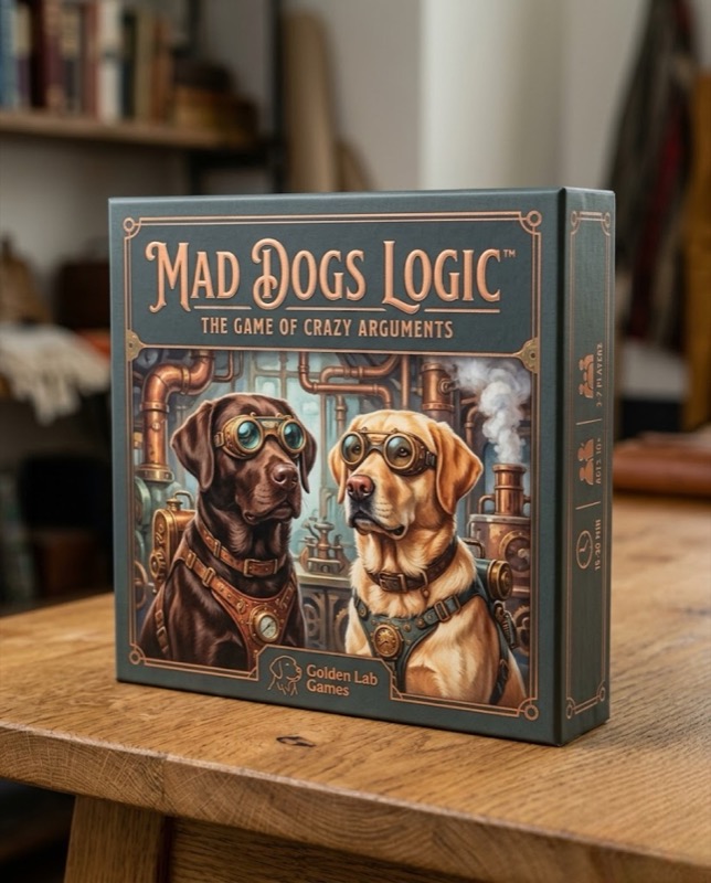 Mad Dogs Logic™ board game box on a wooden table, featuring two steampunk labradors
